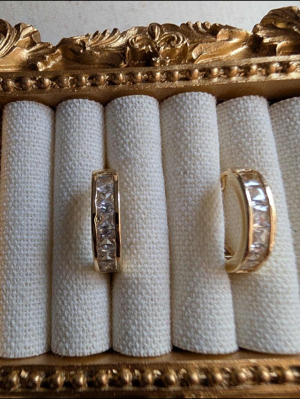 Gold Hoop Earrings - Gold Tone Huggie Hoop Earrings with Inlaid Cubic Zirconia - Picture 11 of 16
